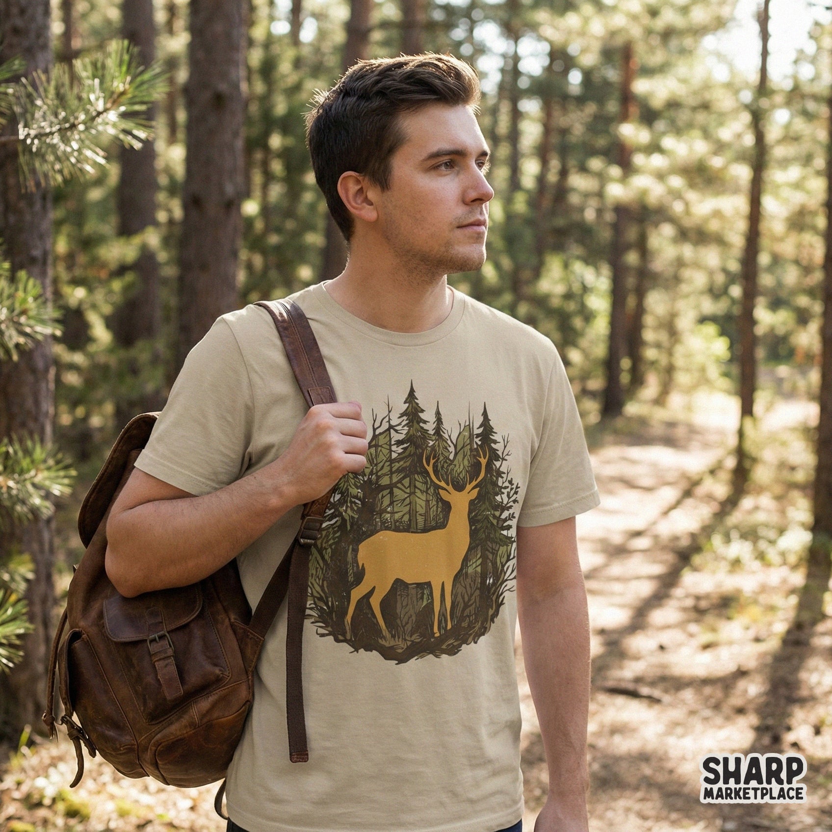 Detailed wildlife illustration of a stag standing in a dense forest, perfect for rustic t-shirt designs, hunting-themed stickers, or cabin wall art.