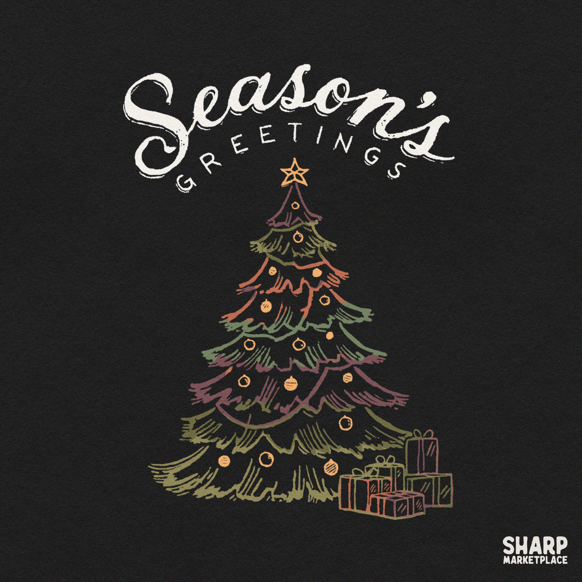 Retro Christmas tree png graphic featuring Season's Greetings text for holiday shirt sublimation and crafts