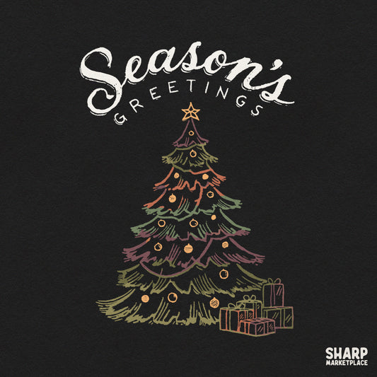 Retro Christmas tree png graphic featuring Season's Greetings text for holiday shirt sublimation and crafts