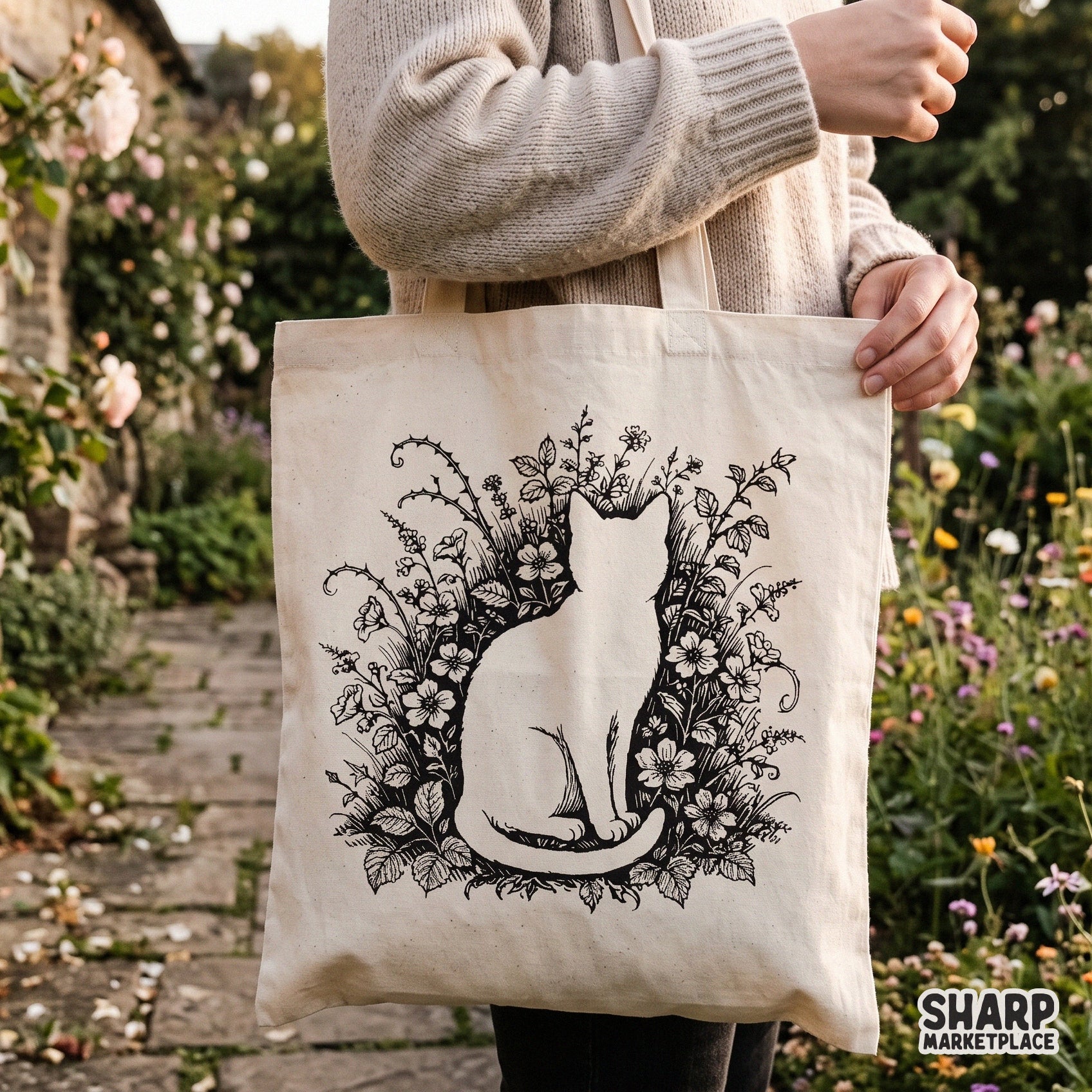 Botanical wildflower cat silhouette sketch retro cottagecore tee png sublimation design