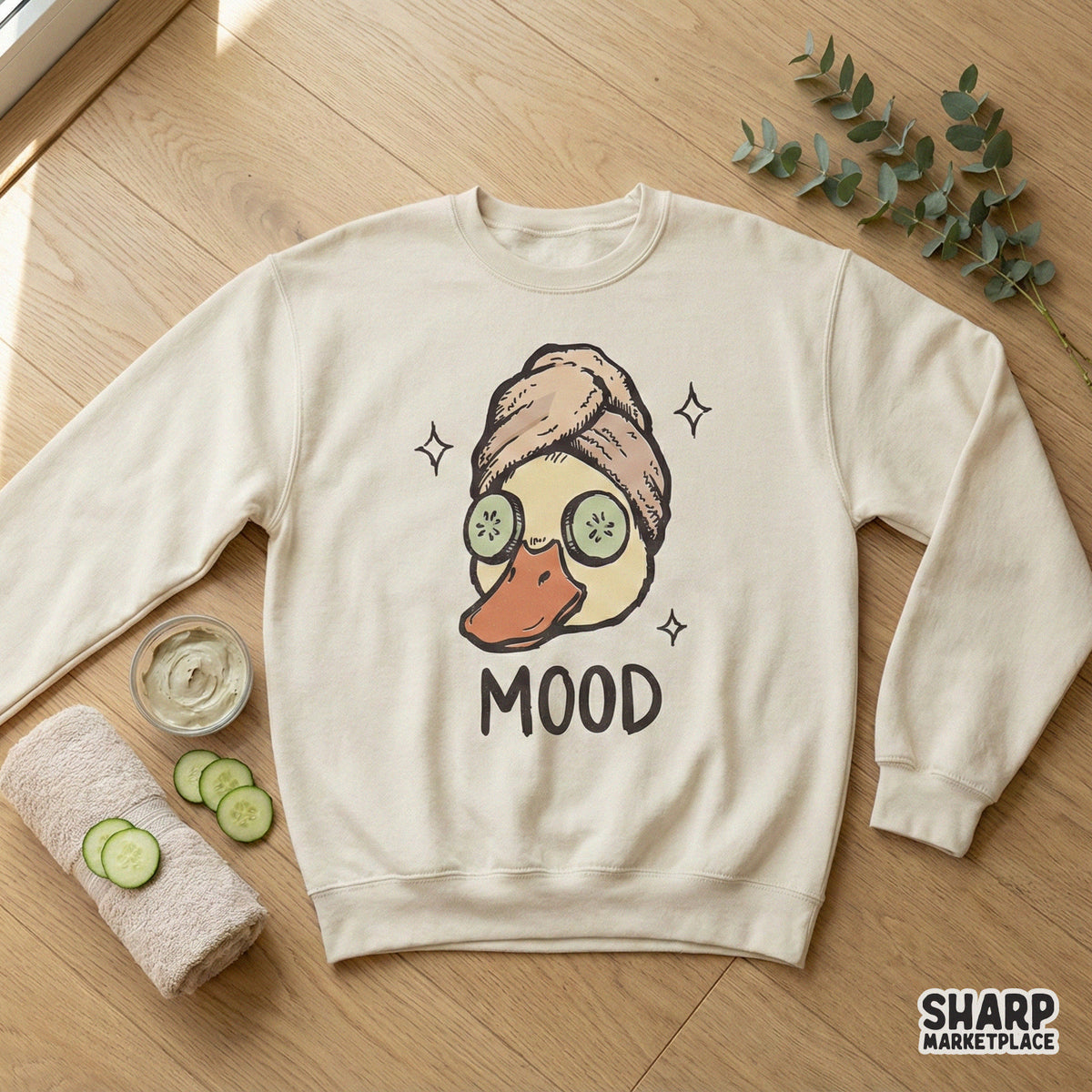 Whimsical hand-drawn mallard duck in a spa relaxation pose with cucumber eyes and sparkling accents, ideal for custom t-shirt or tumbler designs.