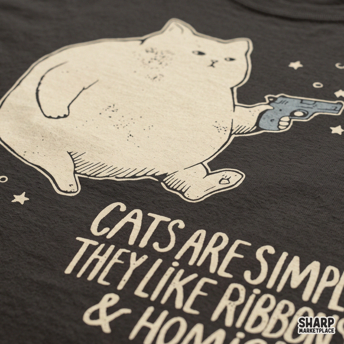 Sarcastic unhinged floating cat with funny homicide quote PNG graphic design for t-shirt sublimation