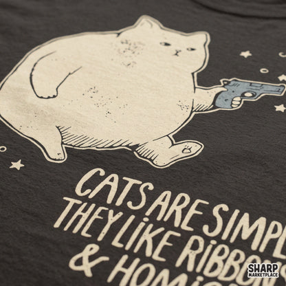 Sarcastic unhinged floating cat with funny homicide quote PNG graphic design for t-shirt sublimation