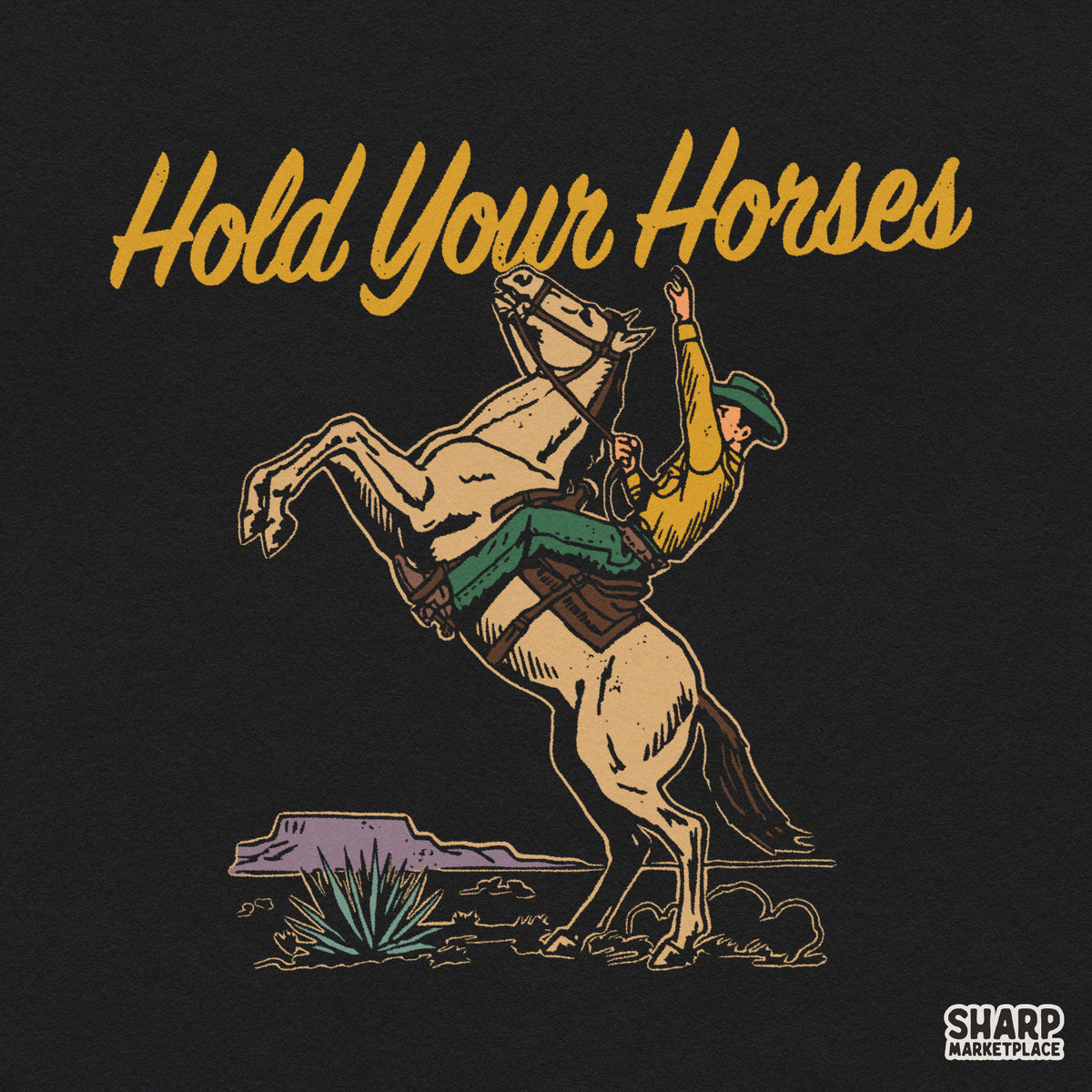 Hold Your Horses western PNG featuring a retro cowboy riding a bucking bronco for shirt sublimation