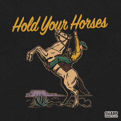 Hold Your Horses western PNG featuring a retro cowboy riding a bucking bronco for shirt sublimation