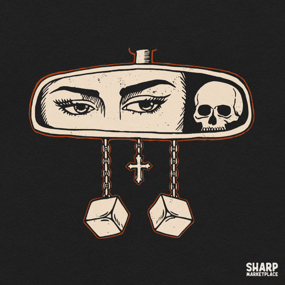 Retro gothic rearview mirror with eyes, skull, and dice dark aesthetic Halloween PNG sublimation design for shirts