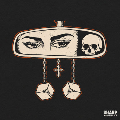 Retro gothic rearview mirror with eyes, skull, and dice dark aesthetic Halloween PNG sublimation design for shirts