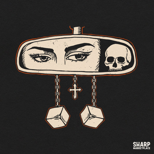 Retro gothic rearview mirror with eyes, skull, and dice dark aesthetic Halloween PNG sublimation design for shirts