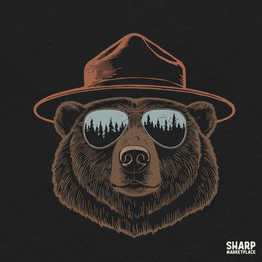 Park ranger bear wearing aviator sunglasses with forest reflection for outdoorsy aesthetic camping shirt designs