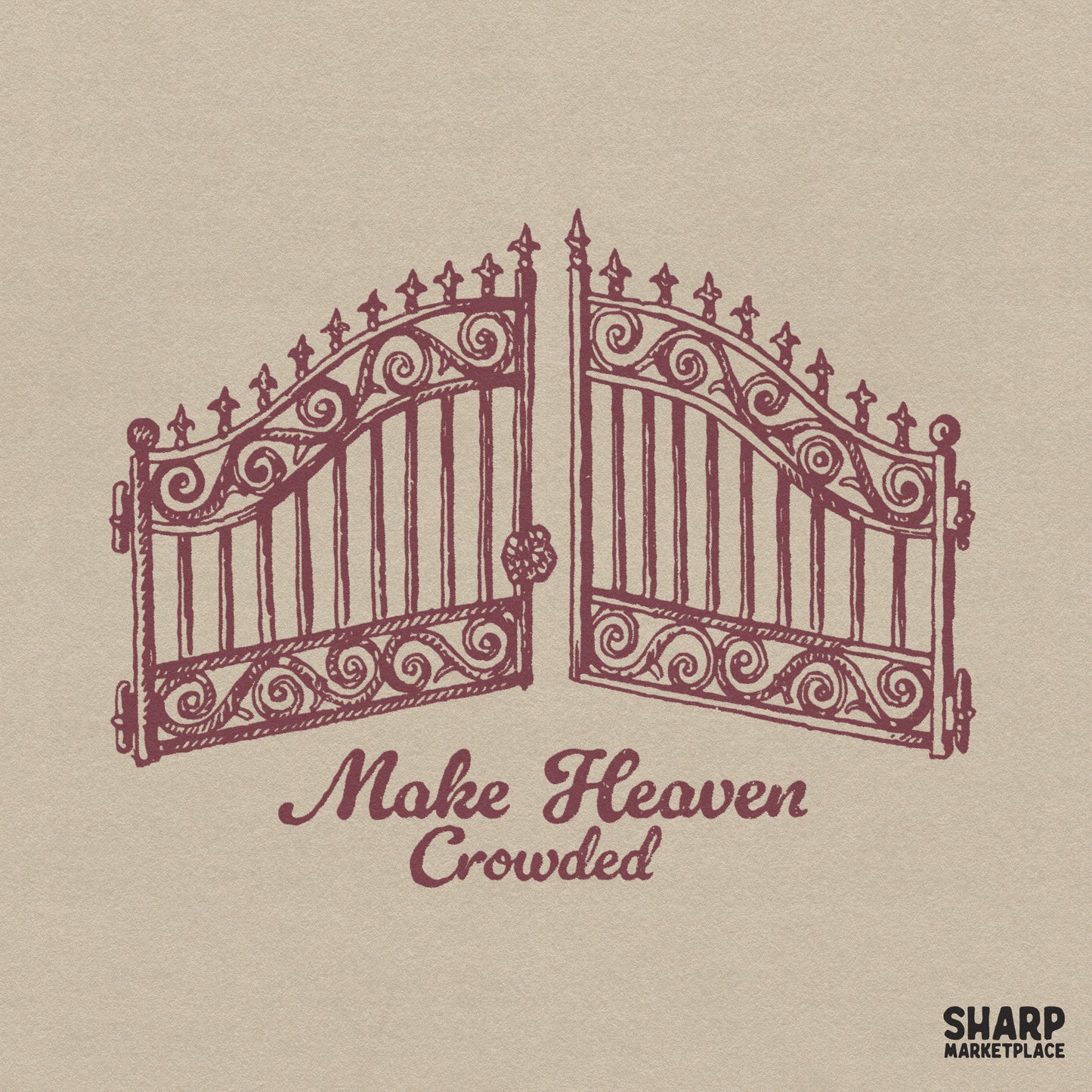 Retro Christian make heaven crowded iron gates illustration for sublimation t-shirt design