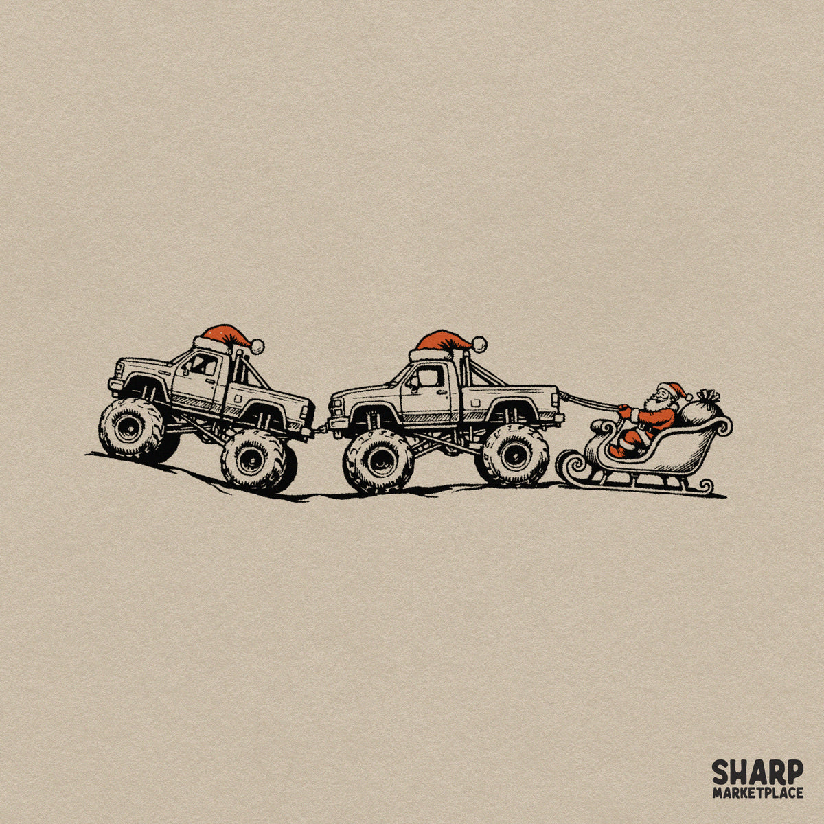 Lifted pickup truck pulling Santa's sleigh western PNG sublimation graphic design for holiday t-shirts