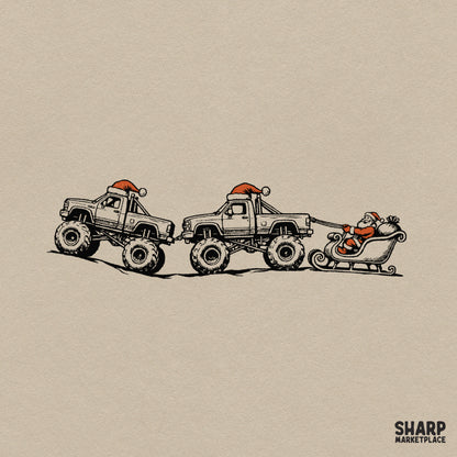 Lifted pickup truck pulling Santa's sleigh western PNG sublimation graphic design for holiday t-shirts