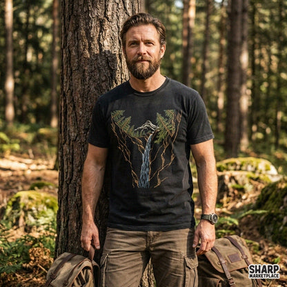 Majestic mountain waterfall sketch with pine trees, ideal camping png for summer shirt designs and lake life apparel