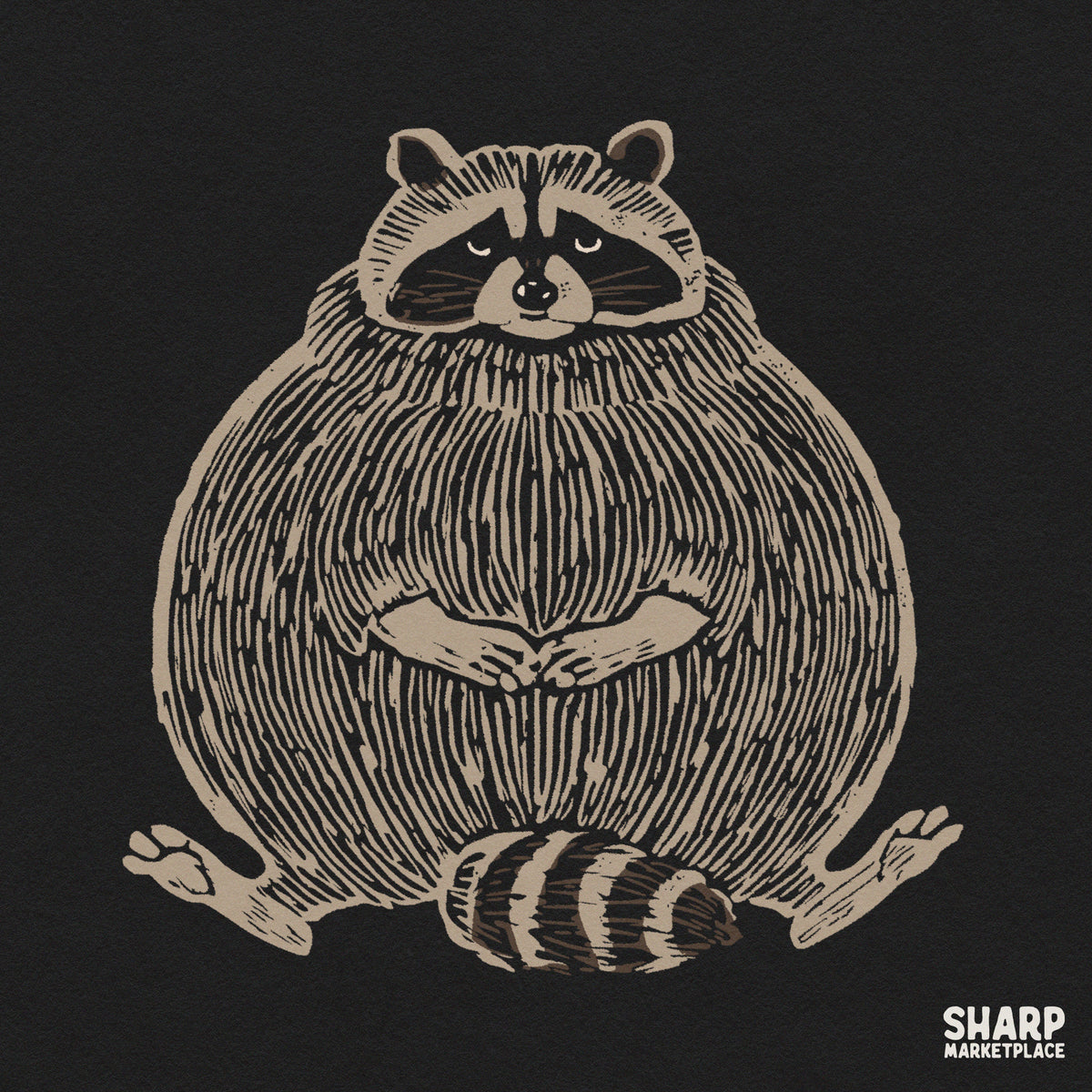 Chubby Fat Raccoon Linocut Woodcut Illustration Trendy PNG