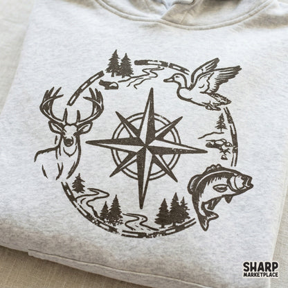 Circular wilderness compass illustration with outdoor motifs, ideal for custom hunting shirts, camping tumblers, and DIY outdoor-themed crafts.