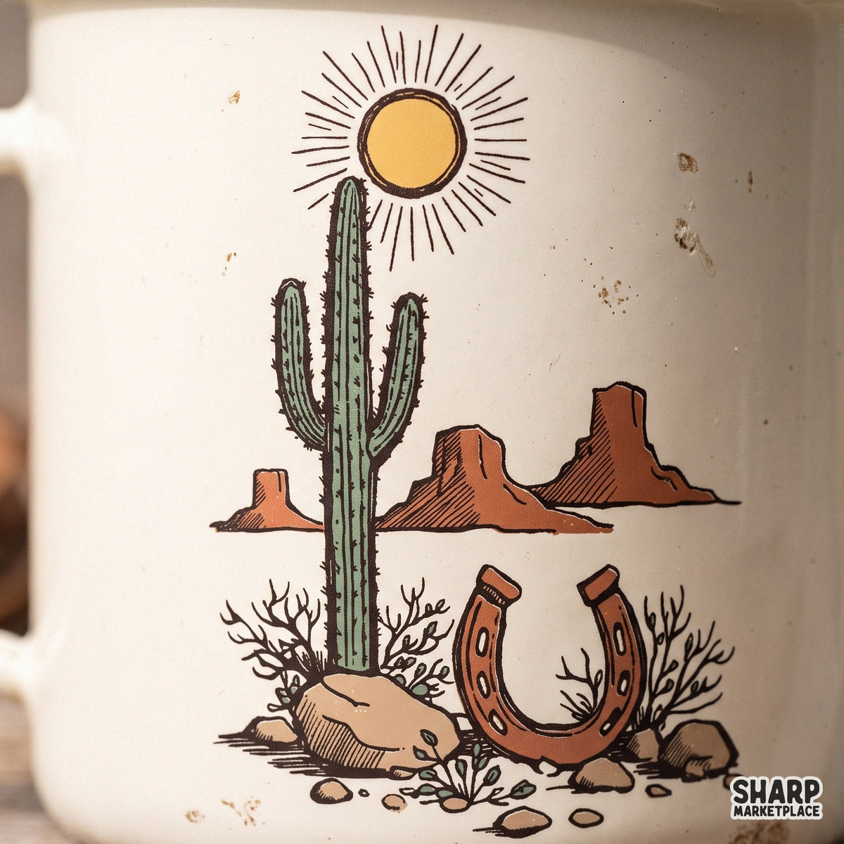 Retro desert landscape with saguaro cactus and rusty horseshoe sun for western shirt sublimation PNG design