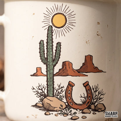 Retro desert landscape with saguaro cactus and rusty horseshoe sun for western shirt sublimation PNG design