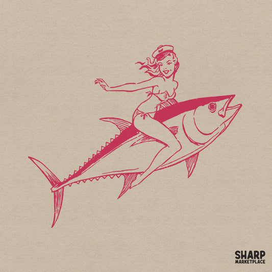 Retro red line art illustration of a pinup girl in a sailor hat and bikini riding a giant tuna fish for summer apparel and sublimation projects.