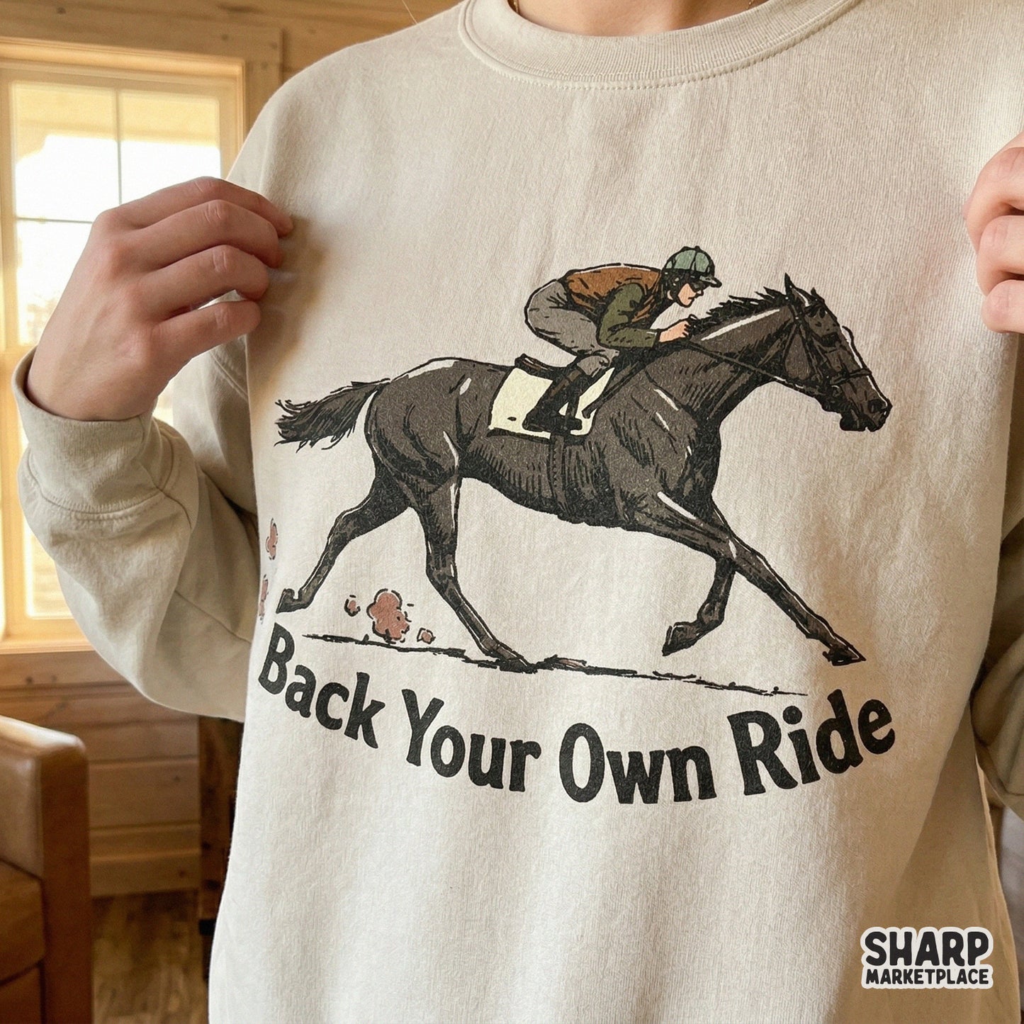 Retro horse racing graphic with a jockey in mid-stride on a dark horse and the motivational quote Back Your Own Ride for custom t-shirt printing.