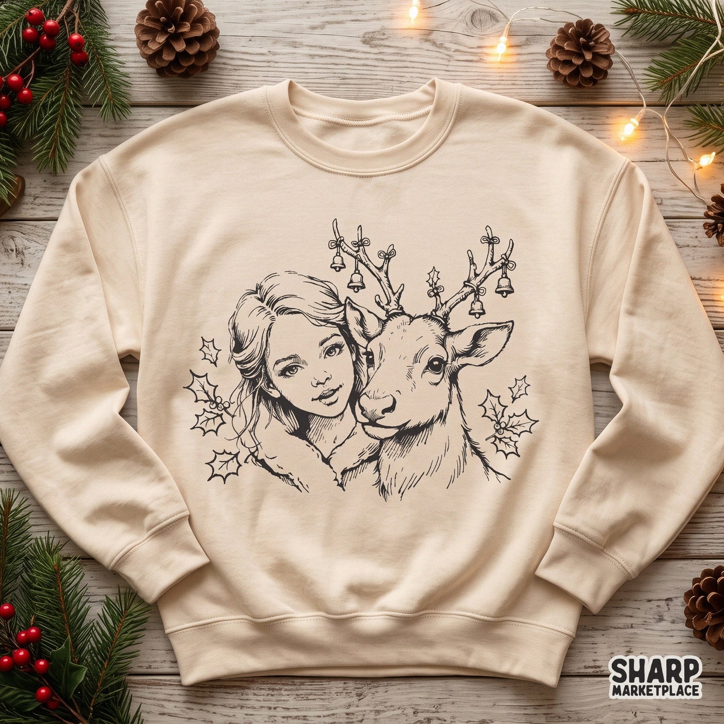Vintage girl and reindeer Christmas PNG featuring a cozy retro winter aesthetic for holiday sublimation shirts and crafts