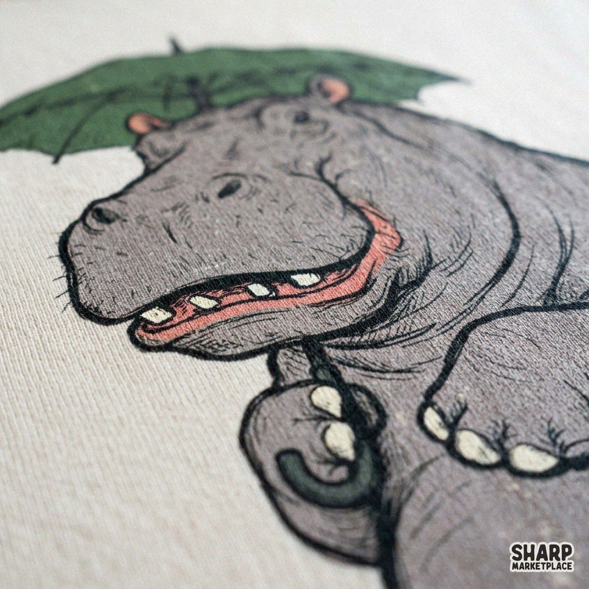 Cute smiling hippopotamus holding a green umbrella for rainy day spring t-shirt sublimation design
