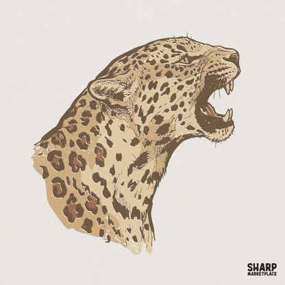 Side profile illustration of a roaring leopard with detailed spots in earthy tan and chocolate brown tones for nature-themed projects.