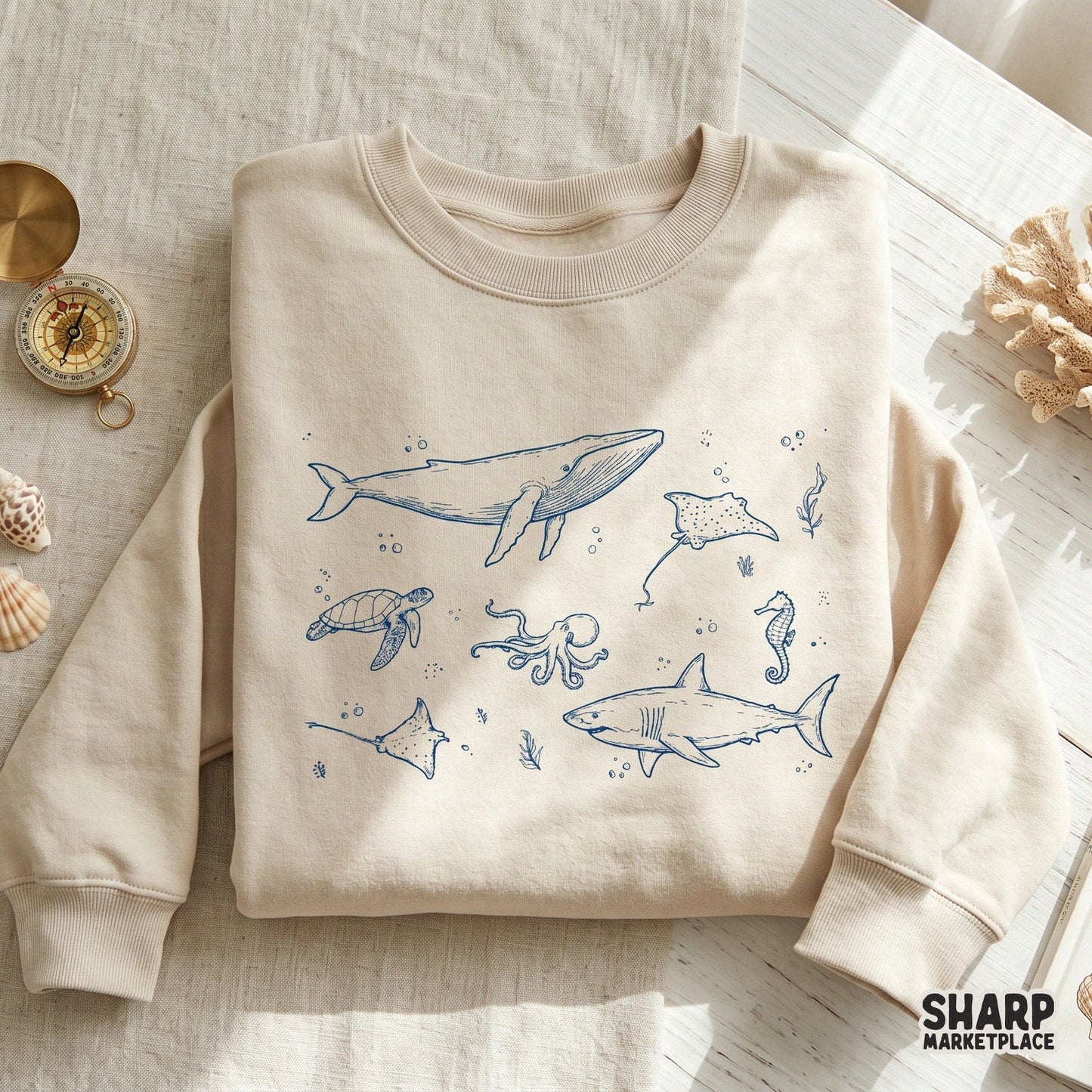 Vintage ocean life sea creatures collage PNG design for aesthetic beach shirts and marine biology apparel sublimation