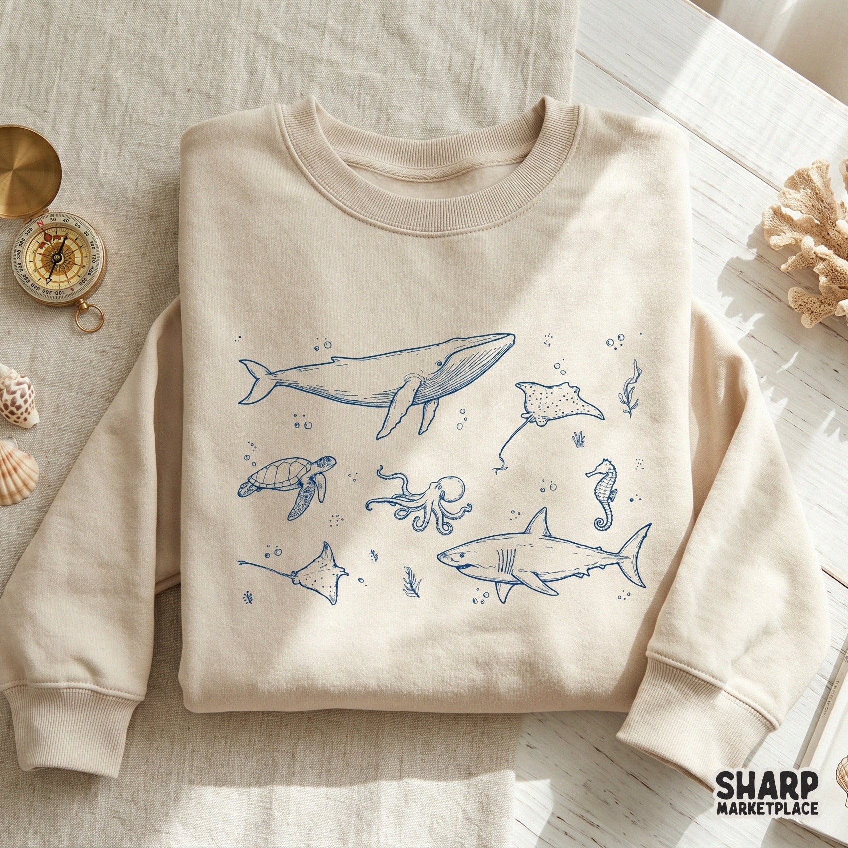 Vintage ocean life sea creatures collage PNG design for aesthetic beach shirts and marine biology apparel sublimation