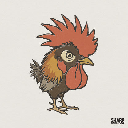 Vintage style rooster illustration with a grumpy expression, red comb, and textured brown feathers for farmhouse themed apparel or sublimation.