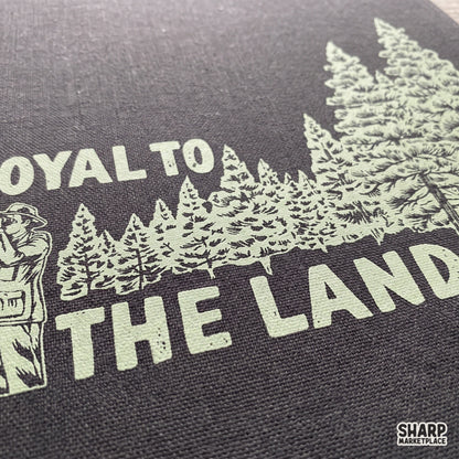 Vintage loyal to the land forest explorer design with pine trees and binoculars for camping and outdoor shirts
