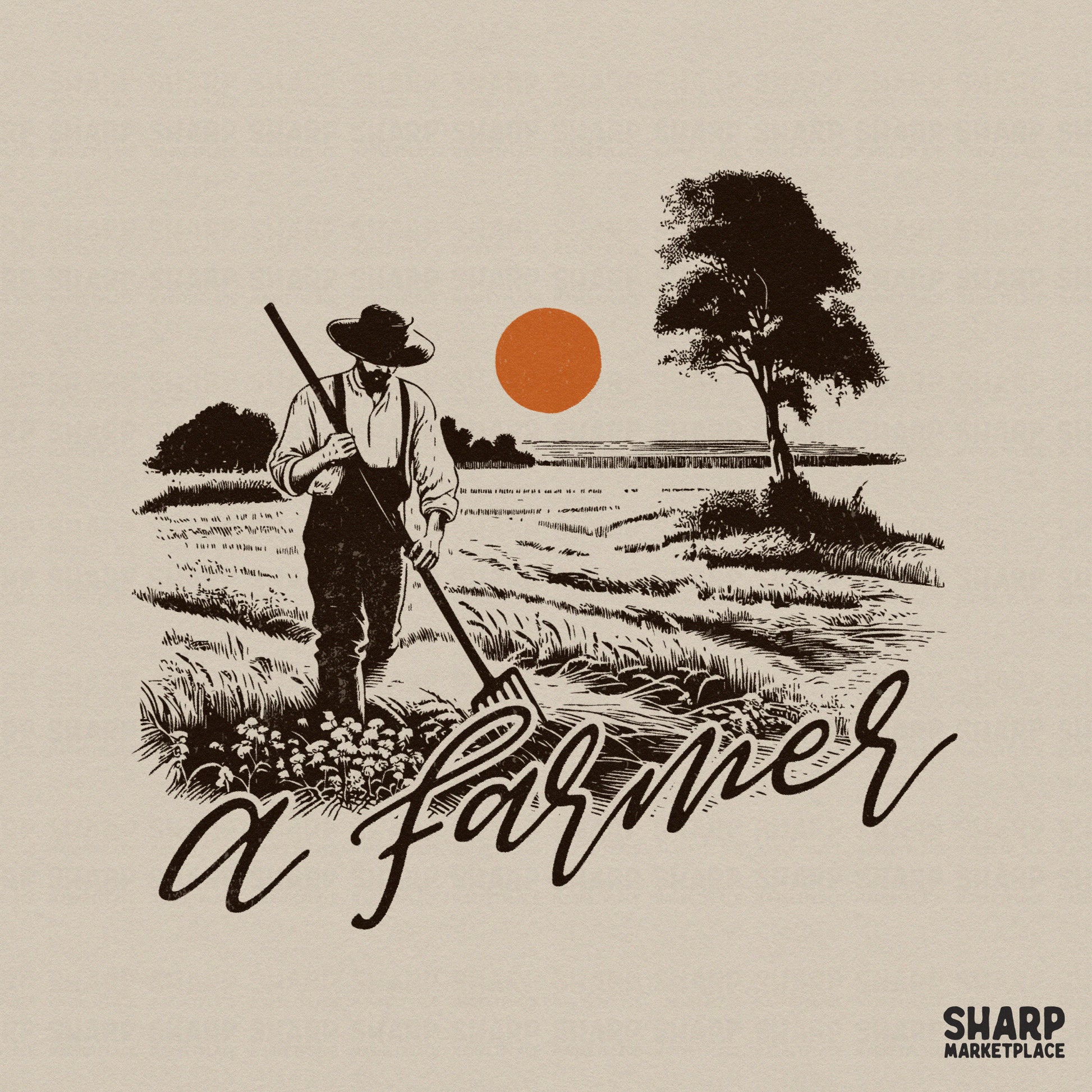 Vintage woodcut style illustration of a farmer with a pitchfork in a field under an orange sunset, featuring the script text a farmer.