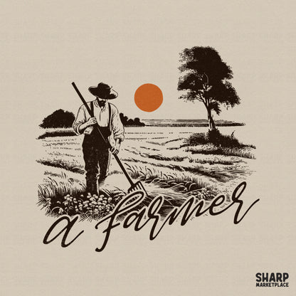 Vintage woodcut style illustration of a farmer with a pitchfork in a field under an orange sunset, featuring the script text a farmer.