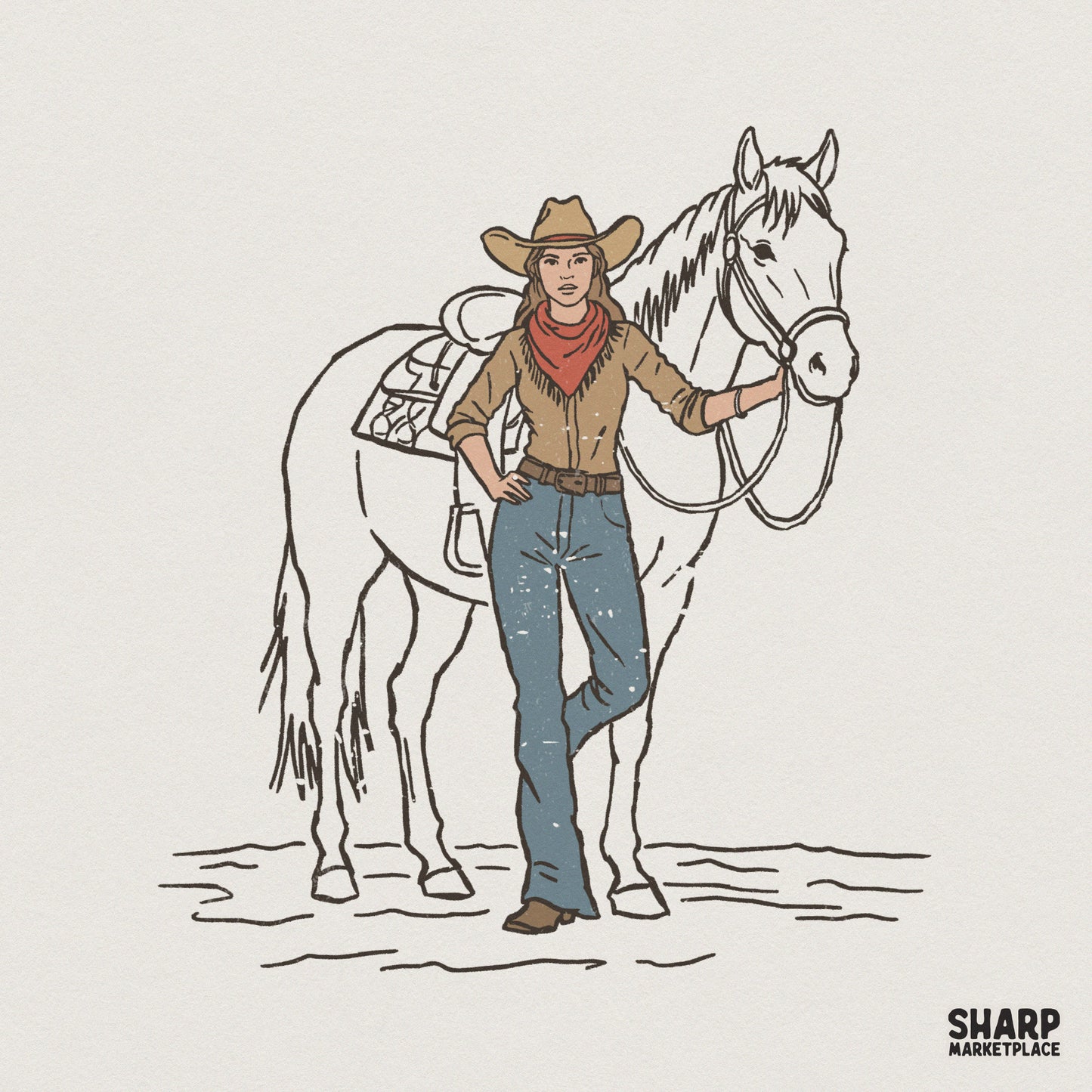 Vintage western cowgirl illustration with a horse, featuring a woman in a cowboy hat and red bandana, perfect for retro shirt sublimation designs.