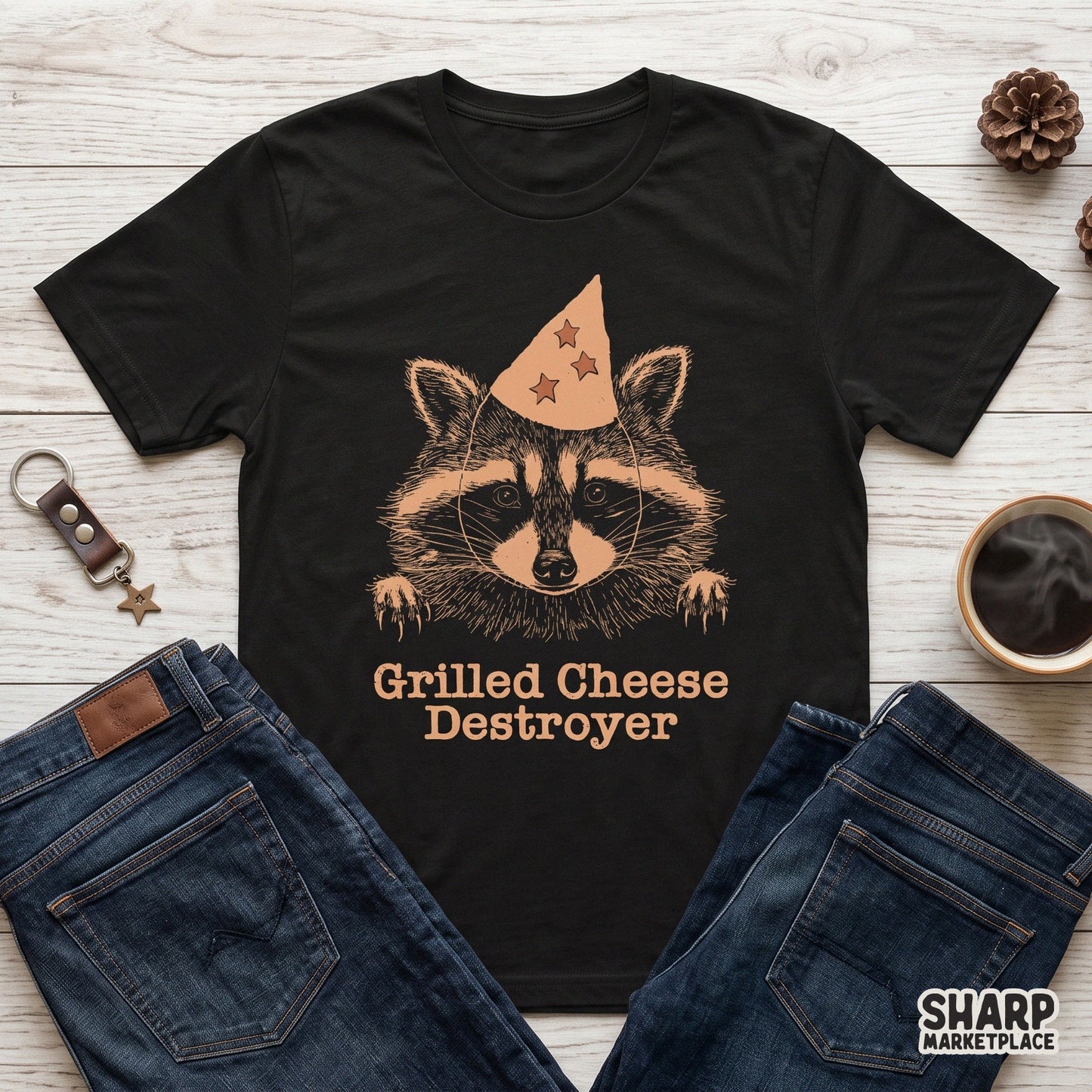 Sarcastic raccoon wearing a party hat for a grilled cheese destroyer meme png, retro style funny animal design for shirts