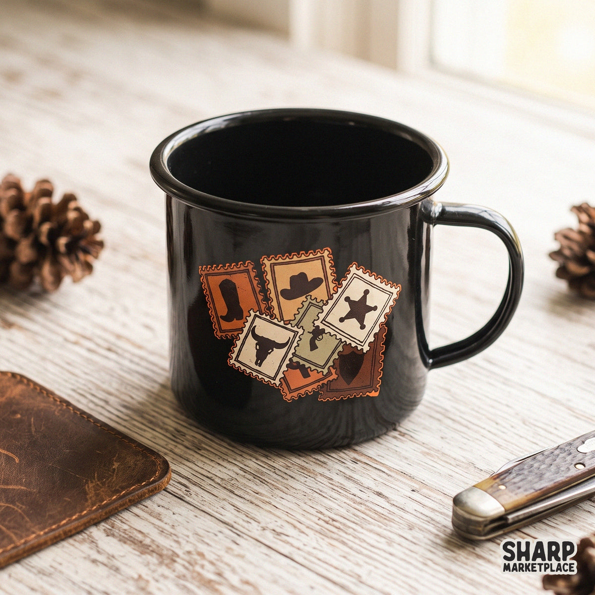 Scattered western postage stamps graphic with cowboy boots and hats in a retro rodeo style for digital printing