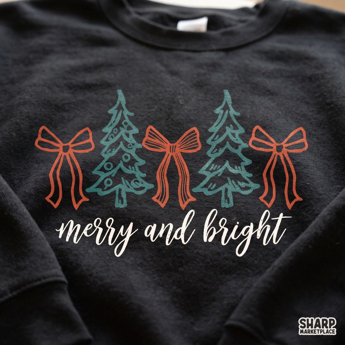 Merry and Bright Christmas PNG design featuring a coquette bow and pine trees for festive holiday shirts