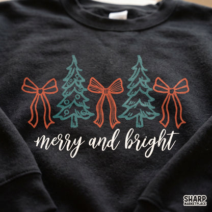 Merry and Bright Christmas PNG design featuring a coquette bow and pine trees for festive holiday shirts
