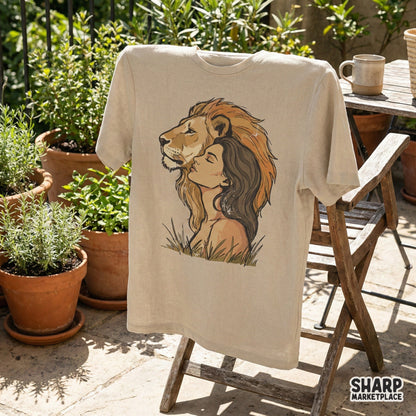 Artistic digital download of a woman and lion portrait with a textured, earthy color palette, suitable for sublimation transfers on tumblers or tote bags.