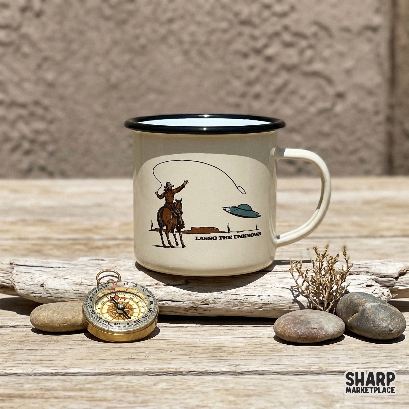 Earthy colored digital design with a cowboy and UFO, featuring retro typography for DIY t-shirts, stickers, or rustic wall art prints.