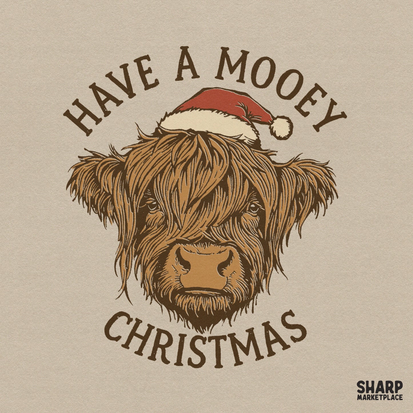 Retro highland cow wearing a Santa hat for funny Christmas sublimation shirt designs and holiday decor