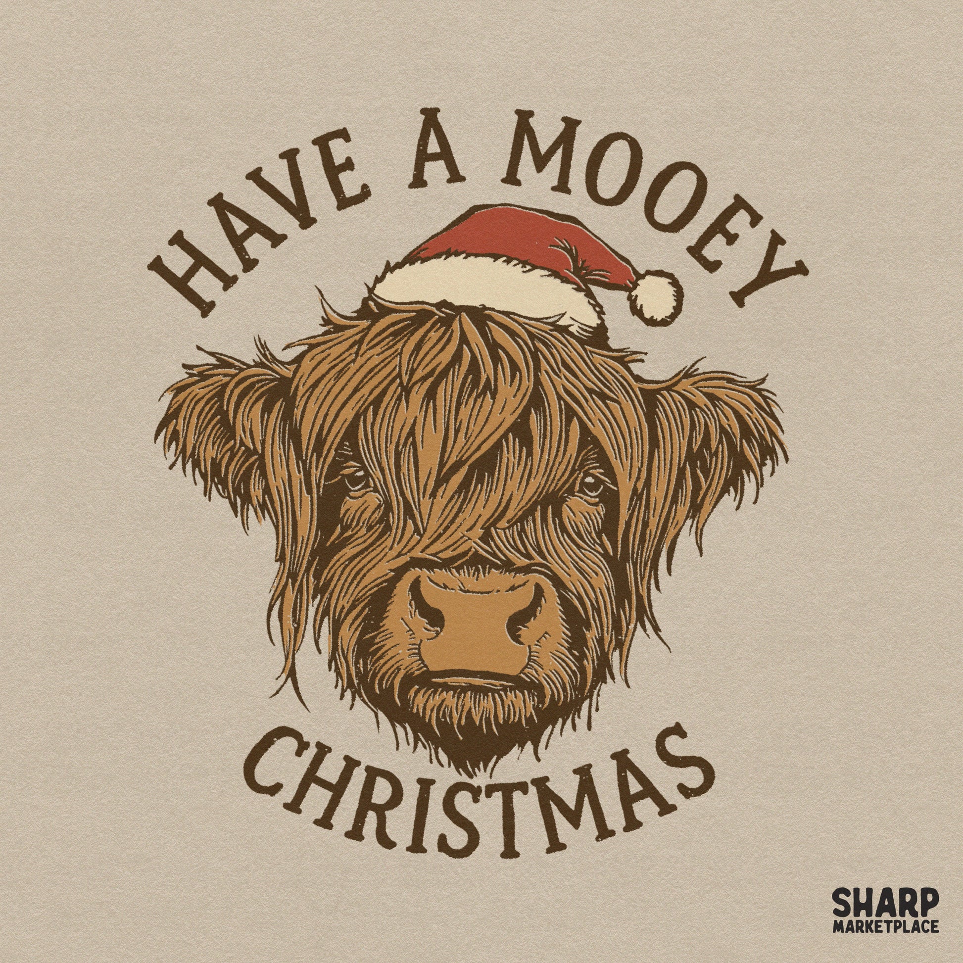 Retro highland cow wearing a Santa hat for funny Christmas sublimation shirt designs and holiday decor