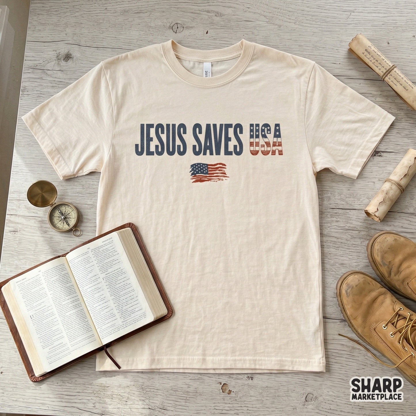 Digital download graphic with the words Jesus Saves USA in a rustic, distressed style, perfect for creating custom patriotic Christian t-shirts.