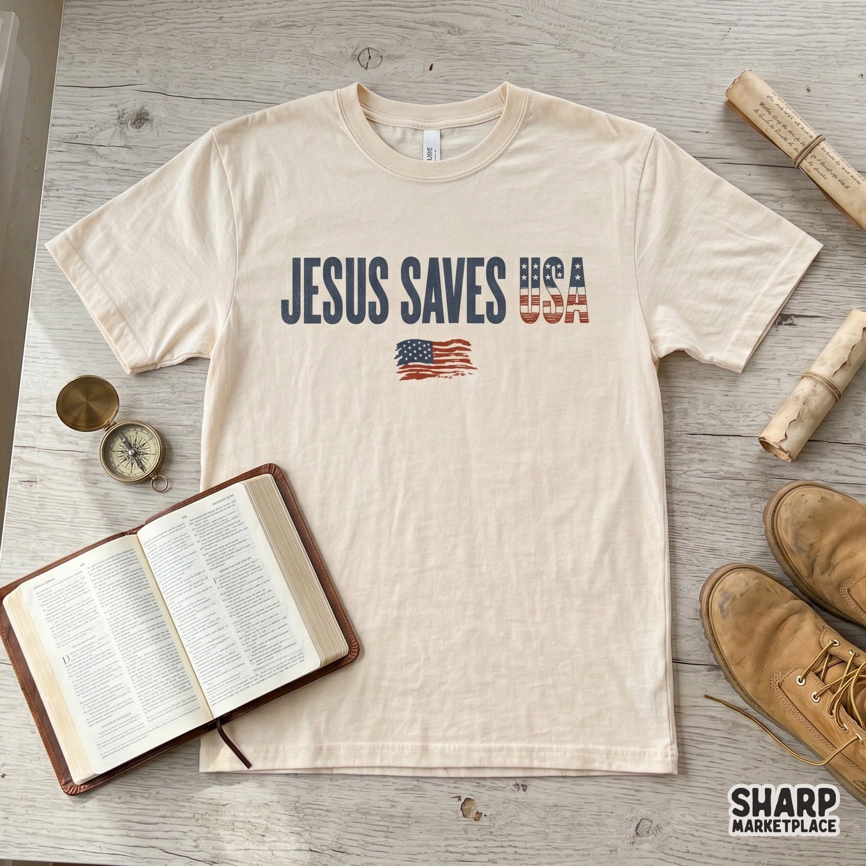Digital download graphic with the words Jesus Saves USA in a rustic, distressed style, perfect for creating custom patriotic Christian t-shirts.