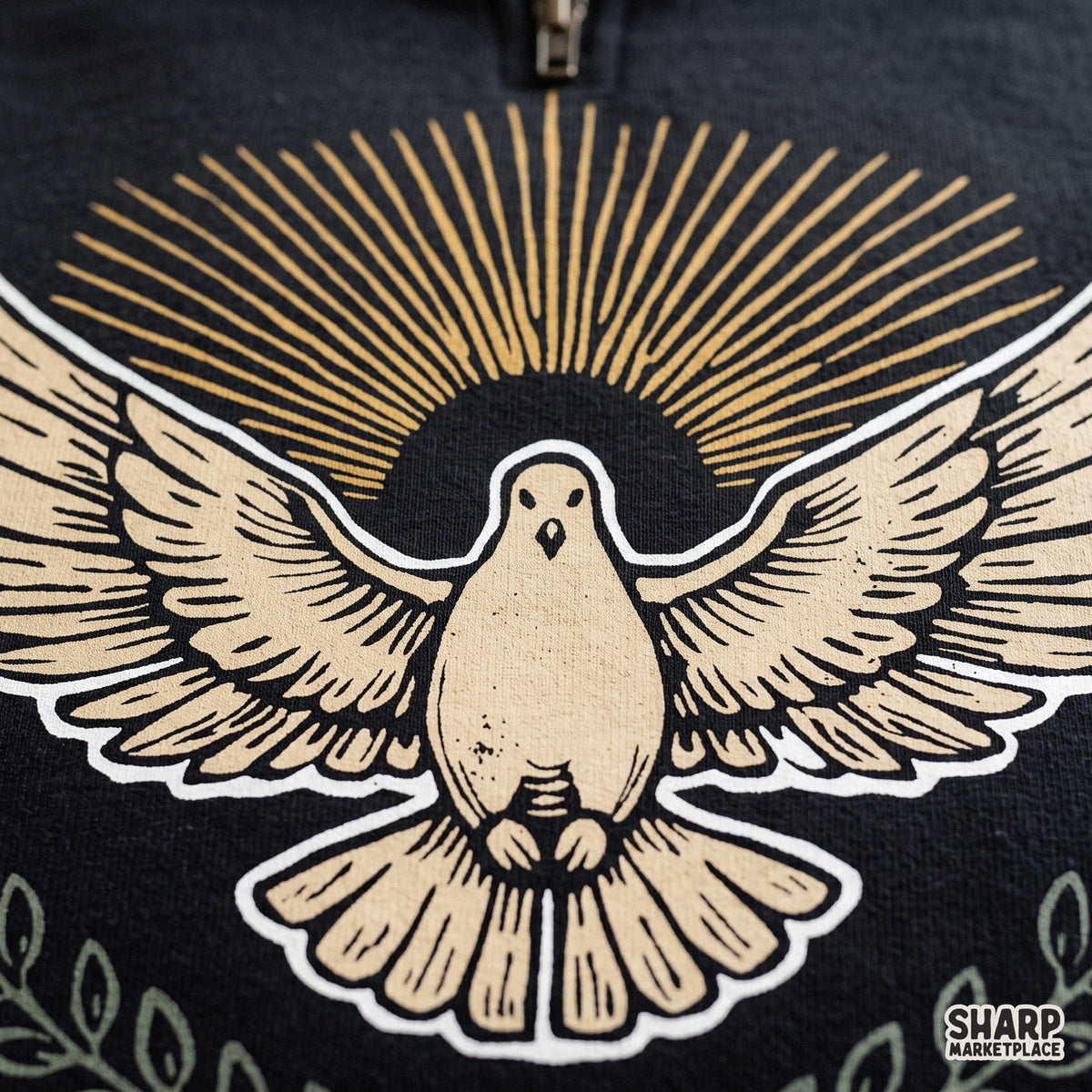 Flying dove with olive branch and sunburst halo in retro vintage style, perfect Christian PNG graphic for t-shirts
