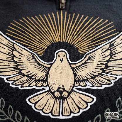 Flying dove with olive branch and sunburst halo in retro vintage style, perfect Christian PNG graphic for t-shirts