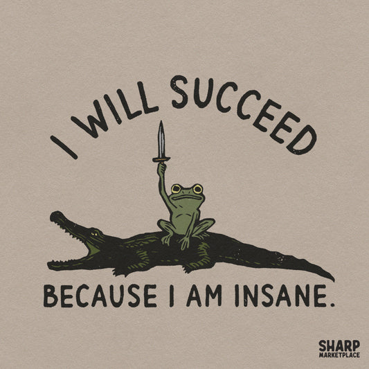 Funny retro animal meme png of an insane frog riding a swamp alligator with a sarcastic success quote for shirt designs