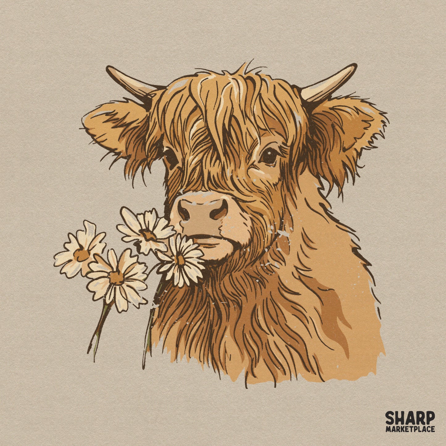 Detailed digital illustration of a shaggy Highland cow with three daisies in earthy brown and cream tones for sublimation or apparel.