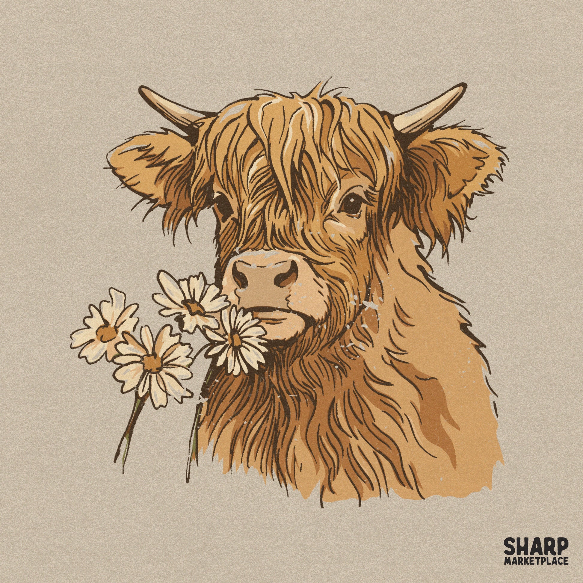 Detailed digital illustration of a shaggy Highland cow with three daisies in earthy brown and cream tones for sublimation or apparel.