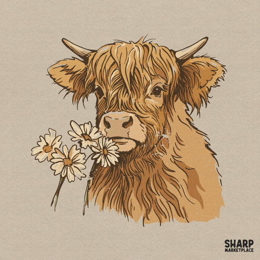 Detailed digital illustration of a shaggy Highland cow with three daisies in earthy brown and cream tones for sublimation or apparel.
