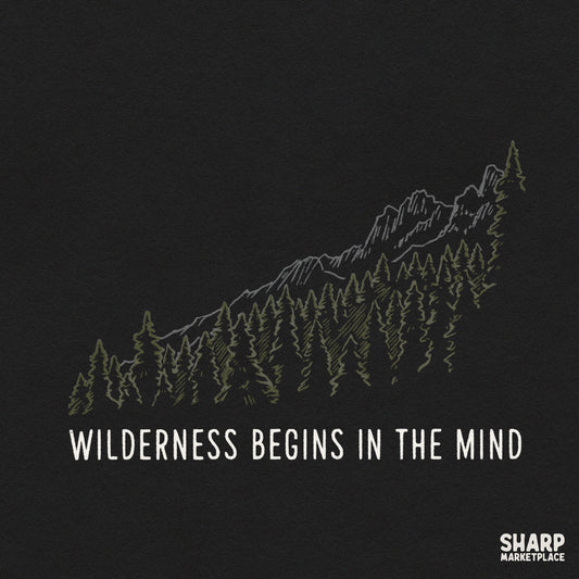 Wilderness Begins In The Mind inspirational quote PNG design for retro hiking and camping t-shirts